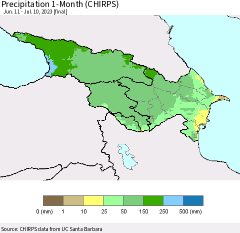 Azerbaijan, Armenia and Georgia Precipitation 1-Month (CHIRPS) Thematic Map For 6/11/2023 - 7/10/2023