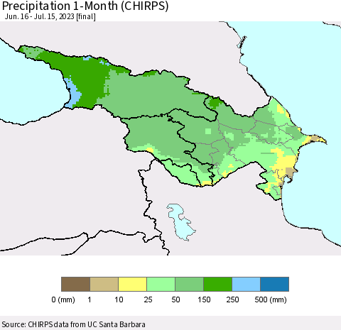 Azerbaijan, Armenia and Georgia Precipitation 1-Month (CHIRPS) Thematic Map For 6/16/2023 - 7/15/2023