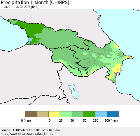 Azerbaijan, Armenia and Georgia Precipitation 1-Month (CHIRPS) Thematic Map For 6/21/2023 - 7/20/2023