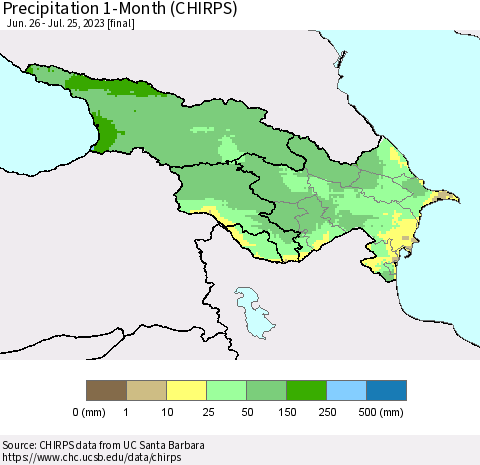 Azerbaijan, Armenia and Georgia Precipitation 1-Month (CHIRPS) Thematic Map For 6/26/2023 - 7/25/2023