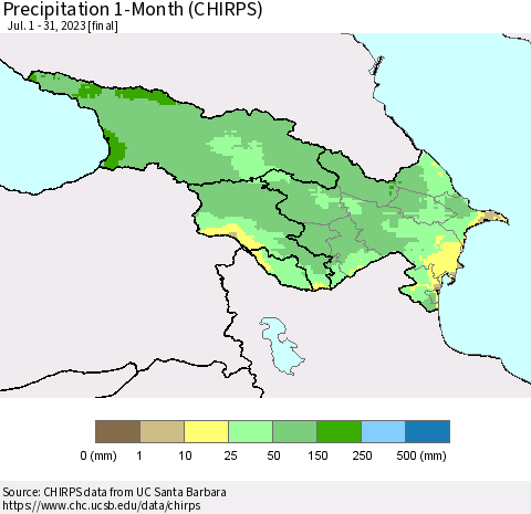 Azerbaijan, Armenia and Georgia Precipitation 1-Month (CHIRPS) Thematic Map For 7/1/2023 - 7/31/2023