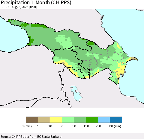 Azerbaijan, Armenia and Georgia Precipitation 1-Month (CHIRPS) Thematic Map For 7/6/2023 - 8/5/2023