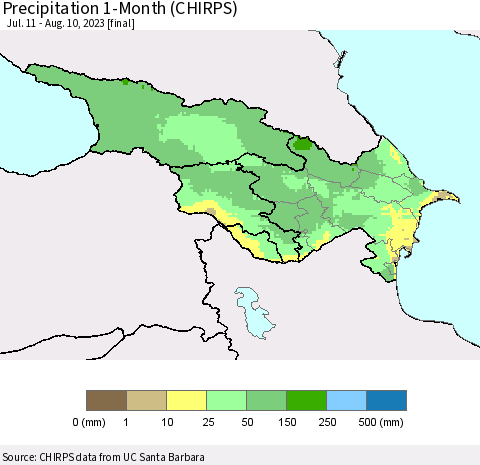 Azerbaijan, Armenia and Georgia Precipitation 1-Month (CHIRPS) Thematic Map For 7/11/2023 - 8/10/2023