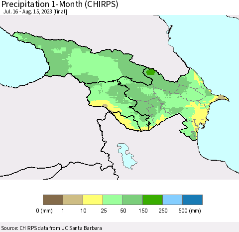 Azerbaijan, Armenia and Georgia Precipitation 1-Month (CHIRPS) Thematic Map For 7/16/2023 - 8/15/2023