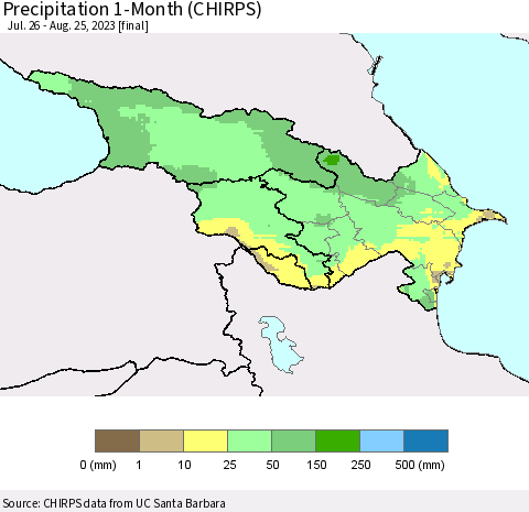 Azerbaijan, Armenia and Georgia Precipitation 1-Month (CHIRPS) Thematic Map For 7/26/2023 - 8/25/2023