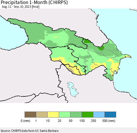 Azerbaijan, Armenia and Georgia Precipitation 1-Month (CHIRPS) Thematic Map For 8/11/2023 - 9/10/2023