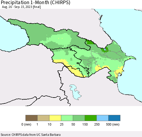 Azerbaijan, Armenia and Georgia Precipitation 1-Month (CHIRPS) Thematic Map For 8/16/2023 - 9/15/2023