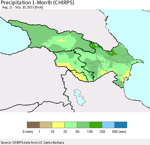 Azerbaijan, Armenia and Georgia Precipitation 1-Month (CHIRPS) Thematic Map For 8/21/2023 - 9/20/2023