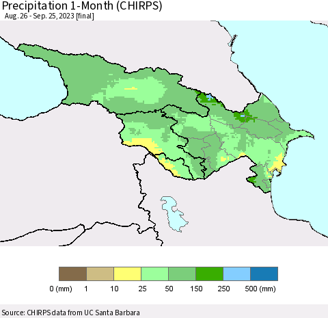 Azerbaijan, Armenia and Georgia Precipitation 1-Month (CHIRPS) Thematic Map For 8/26/2023 - 9/25/2023