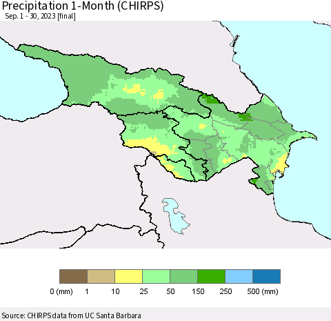 Azerbaijan, Armenia and Georgia Precipitation 1-Month (CHIRPS) Thematic Map For 9/1/2023 - 9/30/2023