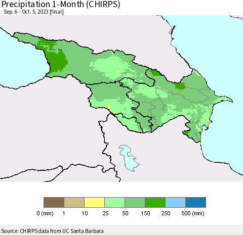 Azerbaijan, Armenia and Georgia Precipitation 1-Month (CHIRPS) Thematic Map For 9/6/2023 - 10/5/2023