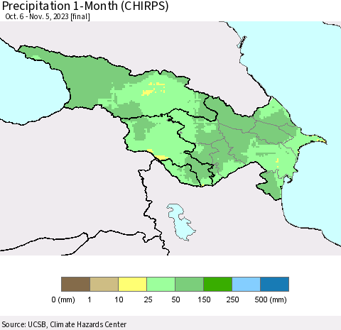 Azerbaijan, Armenia and Georgia Precipitation 1-Month (CHIRPS) Thematic Map For 10/6/2023 - 11/5/2023