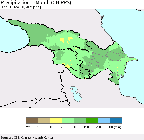 Azerbaijan, Armenia and Georgia Precipitation 1-Month (CHIRPS) Thematic Map For 10/11/2023 - 11/10/2023