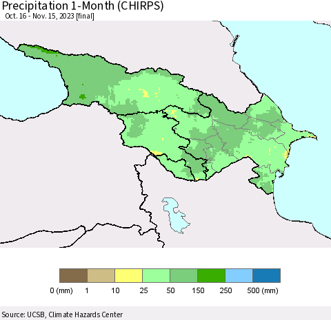 Azerbaijan, Armenia and Georgia Precipitation 1-Month (CHIRPS) Thematic Map For 10/16/2023 - 11/15/2023