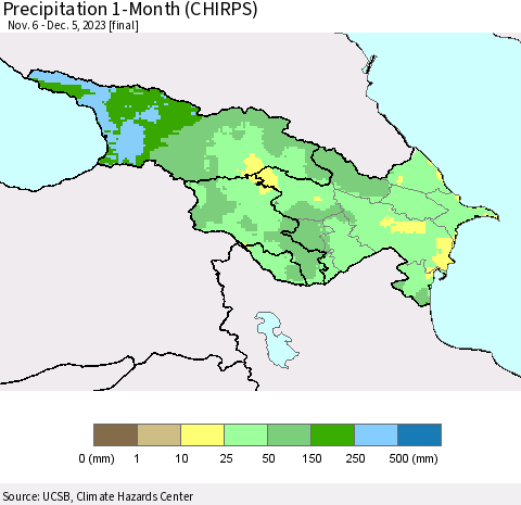 Azerbaijan, Armenia and Georgia Precipitation 1-Month (CHIRPS) Thematic Map For 11/6/2023 - 12/5/2023