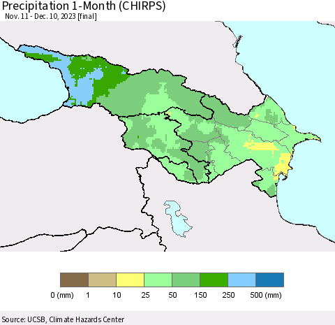Azerbaijan, Armenia and Georgia Precipitation 1-Month (CHIRPS) Thematic Map For 11/11/2023 - 12/10/2023