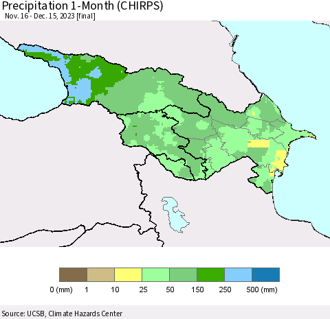 Azerbaijan, Armenia and Georgia Precipitation 1-Month (CHIRPS) Thematic Map For 11/16/2023 - 12/15/2023