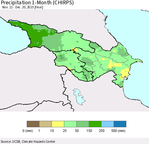 Azerbaijan, Armenia and Georgia Precipitation 1-Month (CHIRPS) Thematic Map For 11/21/2023 - 12/20/2023