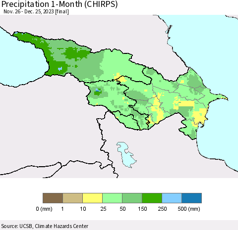 Azerbaijan, Armenia and Georgia Precipitation 1-Month (CHIRPS) Thematic Map For 11/26/2023 - 12/25/2023