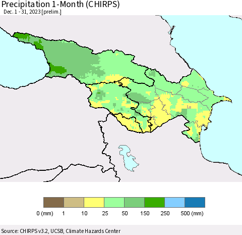 Azerbaijan, Armenia and Georgia Precipitation 1-Month (CHIRPS) Thematic Map For 12/1/2023 - 12/31/2023
