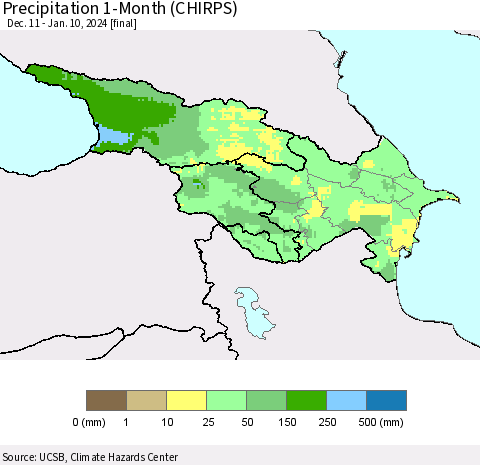 Azerbaijan, Armenia and Georgia Precipitation 1-Month (CHIRPS) Thematic Map For 12/11/2023 - 1/10/2024