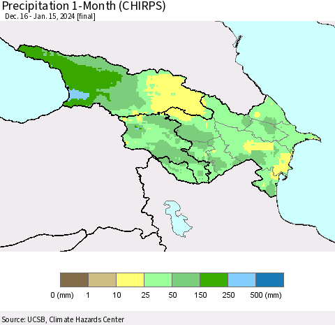 Azerbaijan, Armenia and Georgia Precipitation 1-Month (CHIRPS) Thematic Map For 12/16/2023 - 1/15/2024