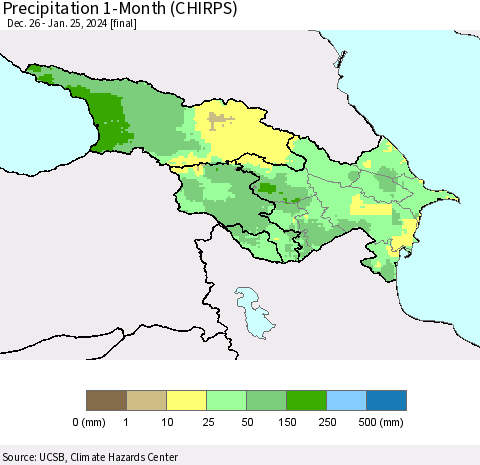 Azerbaijan, Armenia and Georgia Precipitation 1-Month (CHIRPS) Thematic Map For 12/26/2023 - 1/25/2024