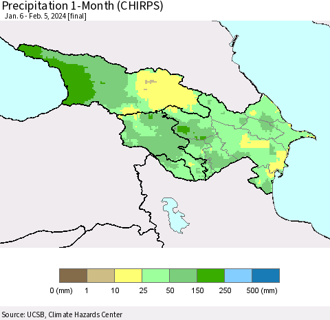 Azerbaijan, Armenia and Georgia Precipitation 1-Month (CHIRPS) Thematic Map For 1/6/2024 - 2/5/2024