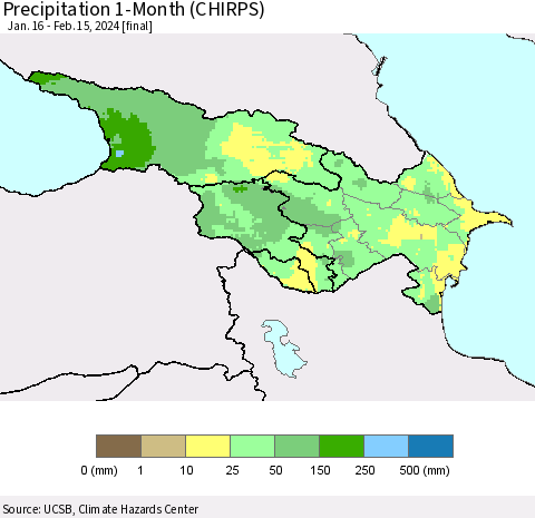Azerbaijan, Armenia and Georgia Precipitation 1-Month (CHIRPS) Thematic Map For 1/16/2024 - 2/15/2024