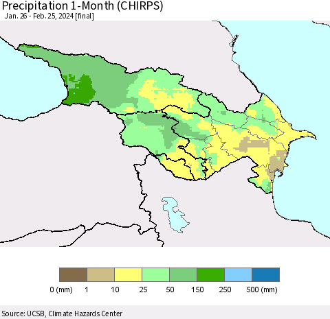 Azerbaijan, Armenia and Georgia Precipitation 1-Month (CHIRPS) Thematic Map For 1/26/2024 - 2/25/2024