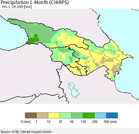 Azerbaijan, Armenia and Georgia Precipitation 1-Month (CHIRPS) Thematic Map For 2/1/2024 - 2/29/2024