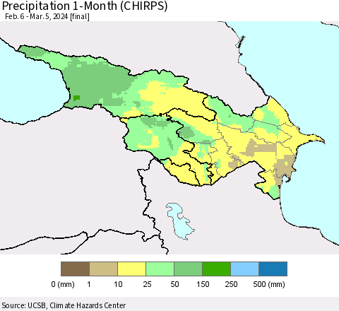 Azerbaijan, Armenia and Georgia Precipitation 1-Month (CHIRPS) Thematic Map For 2/6/2024 - 3/5/2024