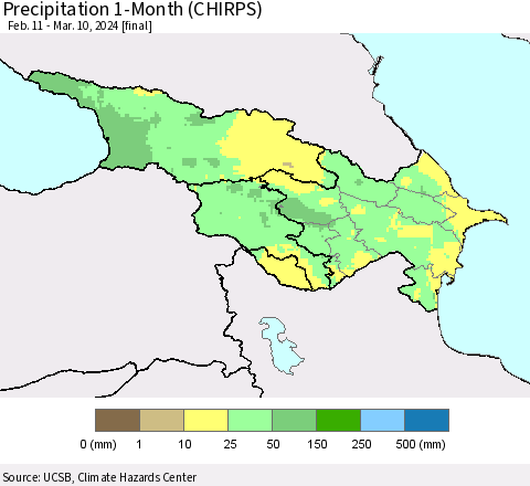 Azerbaijan, Armenia and Georgia Precipitation 1-Month (CHIRPS) Thematic Map For 2/11/2024 - 3/10/2024