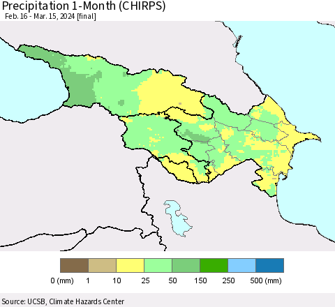 Azerbaijan, Armenia and Georgia Precipitation 1-Month (CHIRPS) Thematic Map For 2/16/2024 - 3/15/2024