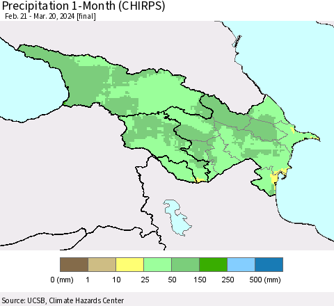 Azerbaijan, Armenia and Georgia Precipitation 1-Month (CHIRPS) Thematic Map For 2/21/2024 - 3/20/2024