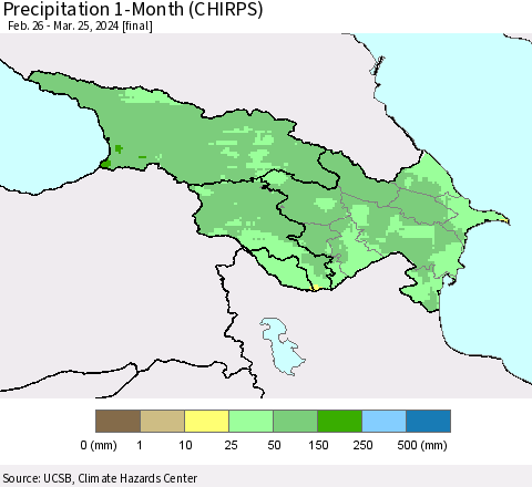 Azerbaijan, Armenia and Georgia Precipitation 1-Month (CHIRPS) Thematic Map For 2/26/2024 - 3/25/2024