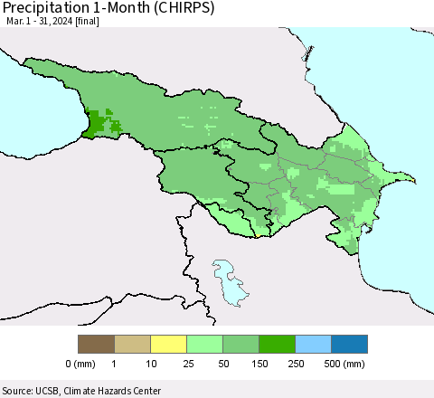 Azerbaijan, Armenia and Georgia Precipitation 1-Month (CHIRPS) Thematic Map For 3/1/2024 - 3/31/2024