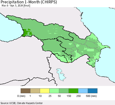 Azerbaijan, Armenia and Georgia Precipitation 1-Month (CHIRPS) Thematic Map For 3/6/2024 - 4/5/2024