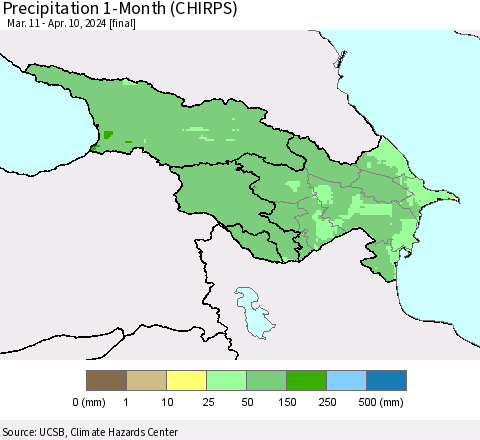 Azerbaijan, Armenia and Georgia Precipitation 1-Month (CHIRPS) Thematic Map For 3/11/2024 - 4/10/2024