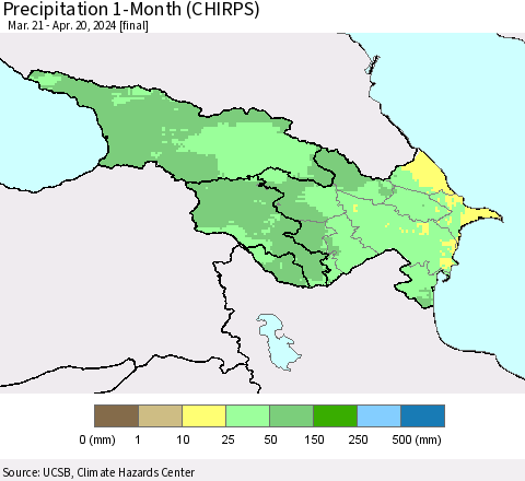 Azerbaijan, Armenia and Georgia Precipitation 1-Month (CHIRPS) Thematic Map For 3/21/2024 - 4/20/2024