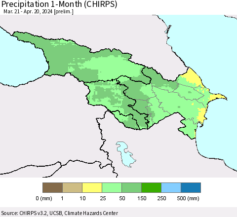 Azerbaijan, Armenia and Georgia Precipitation 1-Month (CHIRPS) Thematic Map For 3/21/2024 - 4/20/2024