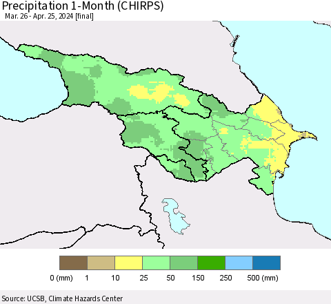 Azerbaijan, Armenia and Georgia Precipitation 1-Month (CHIRPS) Thematic Map For 3/26/2024 - 4/25/2024