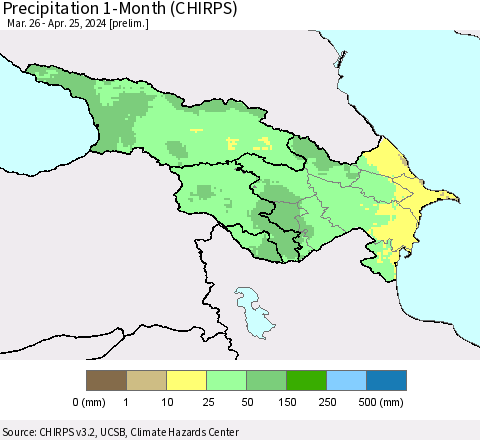 Azerbaijan, Armenia and Georgia Precipitation 1-Month (CHIRPS) Thematic Map For 3/26/2024 - 4/25/2024