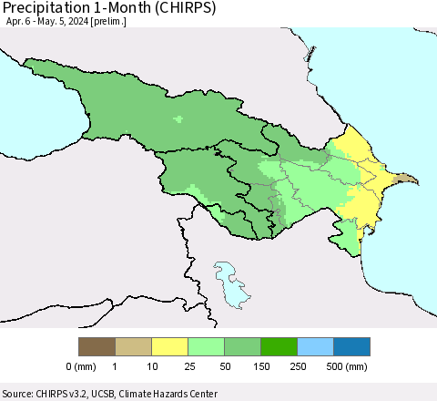 Azerbaijan, Armenia and Georgia Precipitation 1-Month (CHIRPS) Thematic Map For 4/6/2024 - 5/5/2024