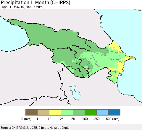 Azerbaijan, Armenia and Georgia Precipitation 1-Month (CHIRPS) Thematic Map For 4/11/2024 - 5/10/2024