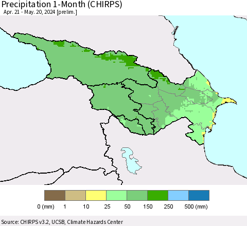 Azerbaijan, Armenia and Georgia Precipitation 1-Month (CHIRPS) Thematic Map For 4/21/2024 - 5/20/2024