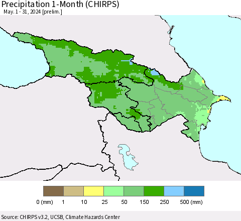 Azerbaijan, Armenia and Georgia Precipitation 1-Month (CHIRPS) Thematic Map For 5/1/2024 - 5/31/2024