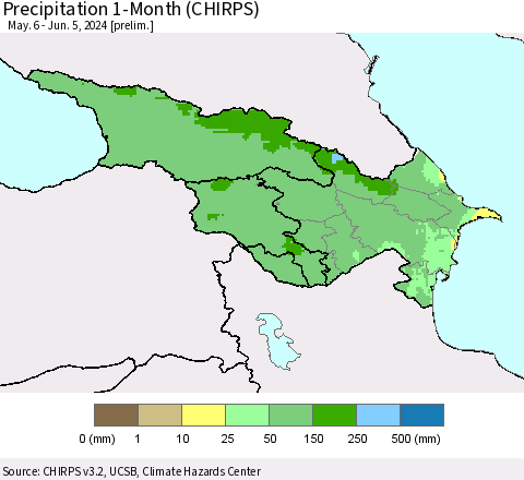 Azerbaijan, Armenia and Georgia Precipitation 1-Month (CHIRPS) Thematic Map For 5/6/2024 - 6/5/2024