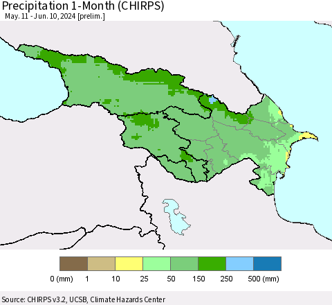 Azerbaijan, Armenia and Georgia Precipitation 1-Month (CHIRPS) Thematic Map For 5/11/2024 - 6/10/2024