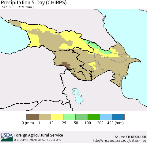 Azerbaijan, Armenia and Georgia Precipitation 5-Day (CHIRPS) Thematic Map For 9/6/2021 - 9/10/2021